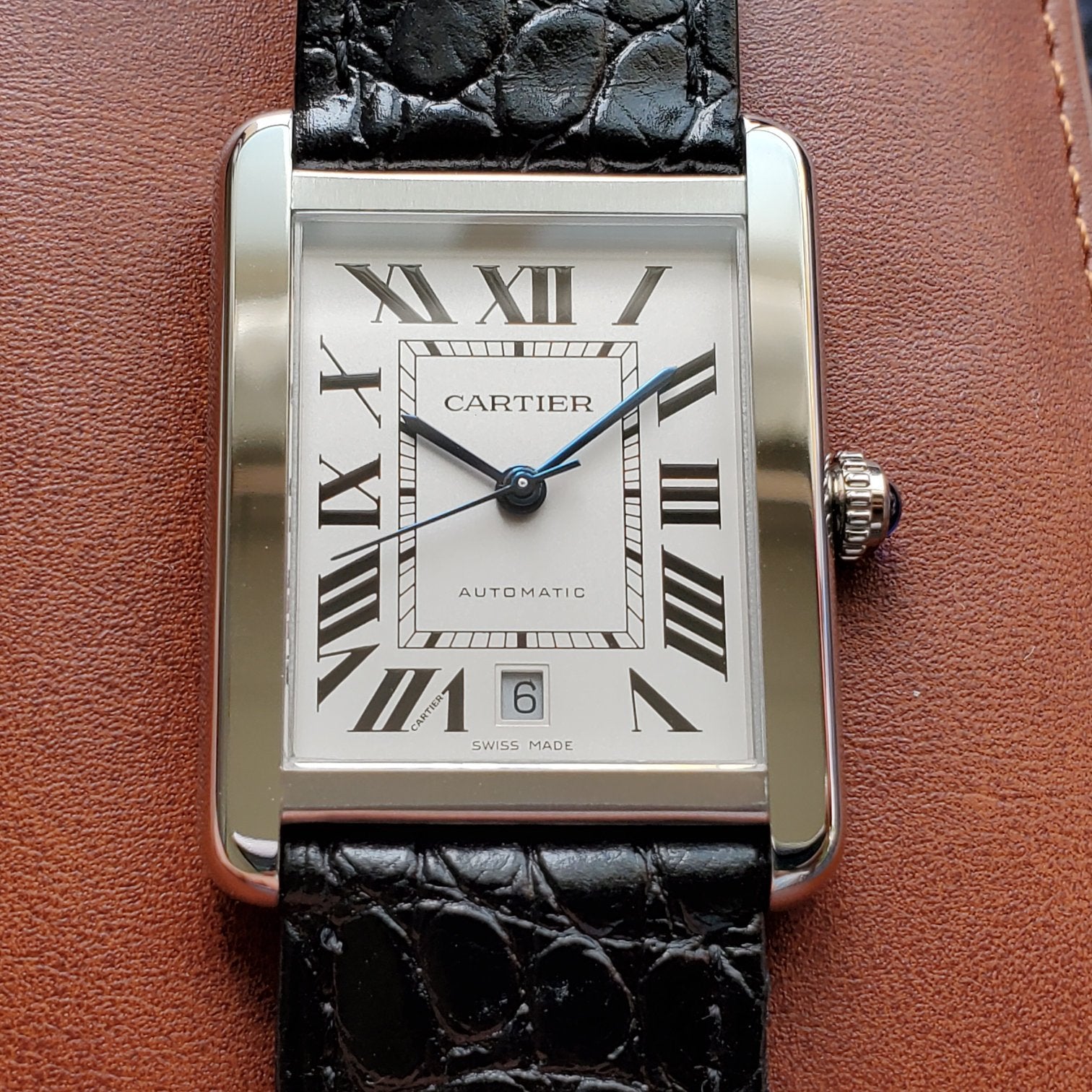 CARTIER TANK SOLO XI 41 STEEL CASE BLACK LEATHER STRAP