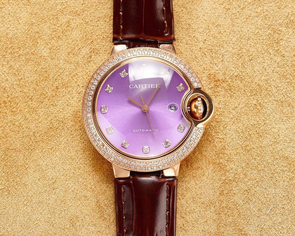 CARTIER BALLON BLEU 33MM ROSE GOLD CASE PINK DIAL LEATHER STRAP