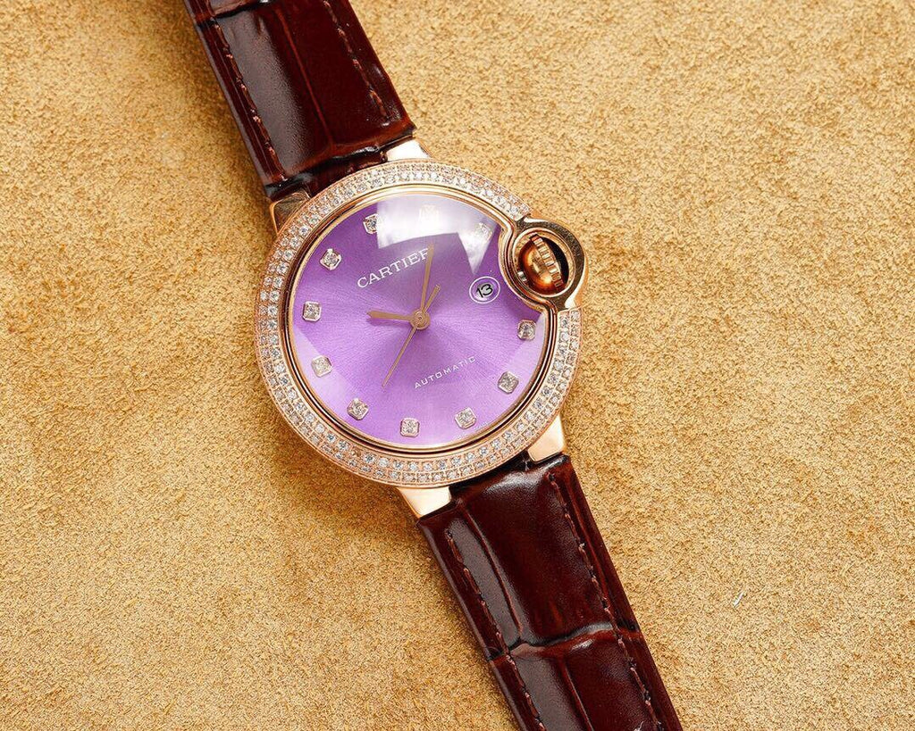 CARTIER BALLON BLEU 33MM ROSE GOLD CASE PINK DIAL LEATHER STRAP
