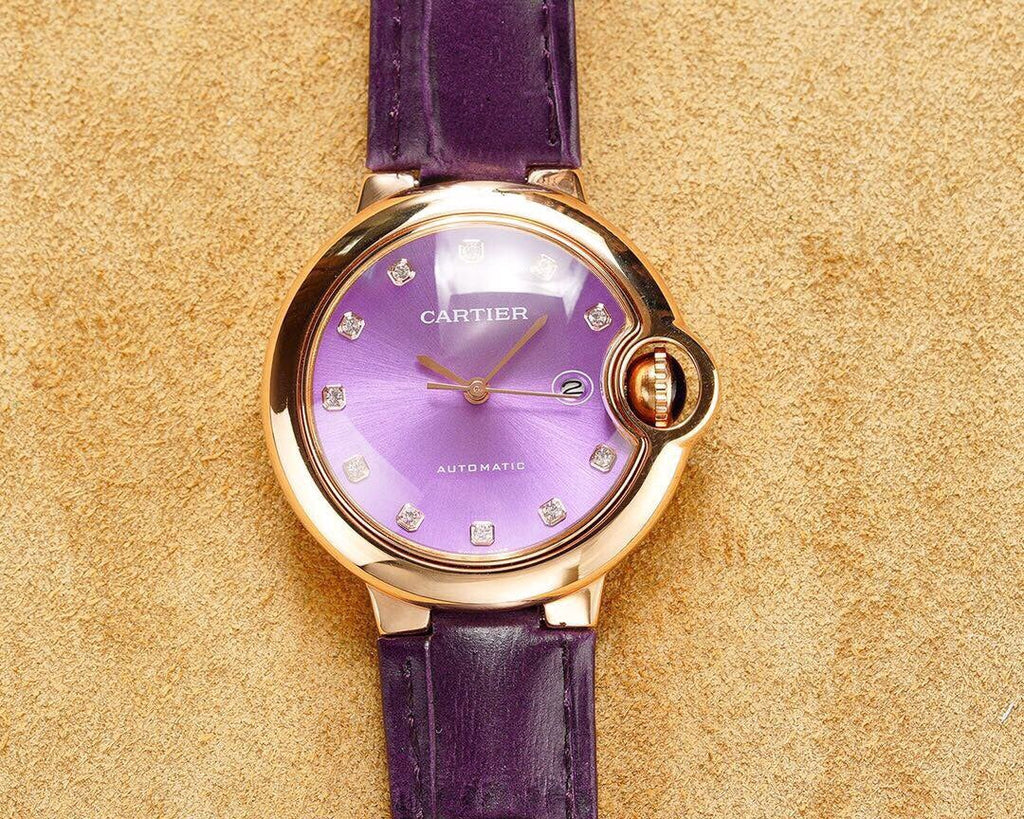 CARTIER BALLON BLEU 33MM ROSE GOLD CASE PINK DIAL LEATHER STRAP