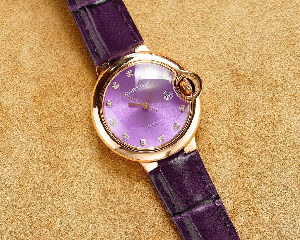 CARTIER BALLON BLEU 33MM ROSE GOLD CASE PINK DIAL LEATHER STRAP