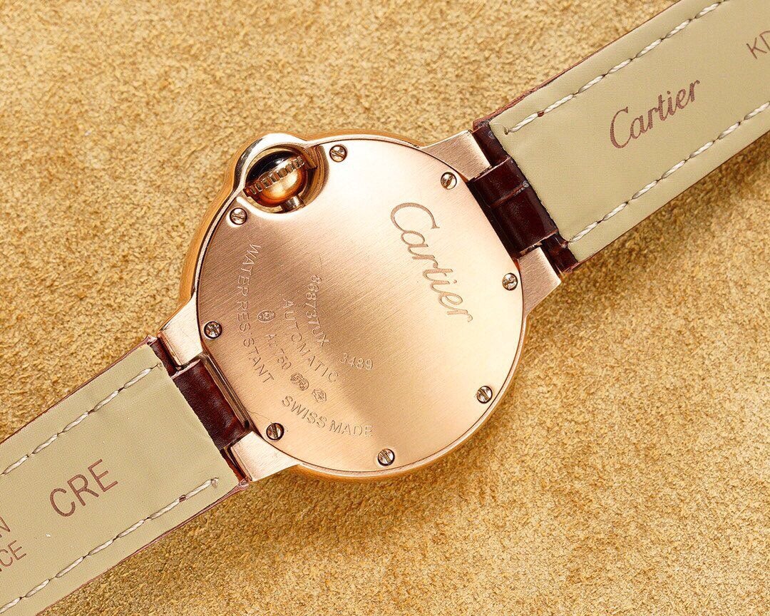 CARTIER BALLON BLEU 33MM ROSE GOLD CASE PINK DIAL LEATHER STRAP