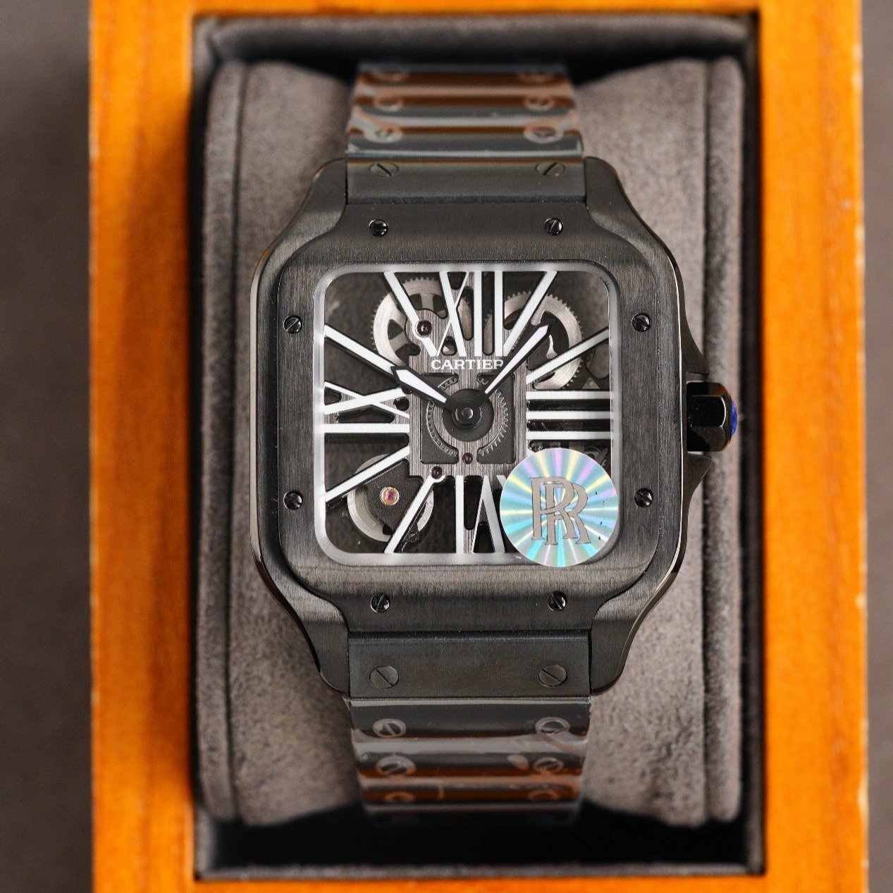 CARTIER SANTOS DE CARTIE STAINLES STEEL SKELETON DIAL ALL BLACK