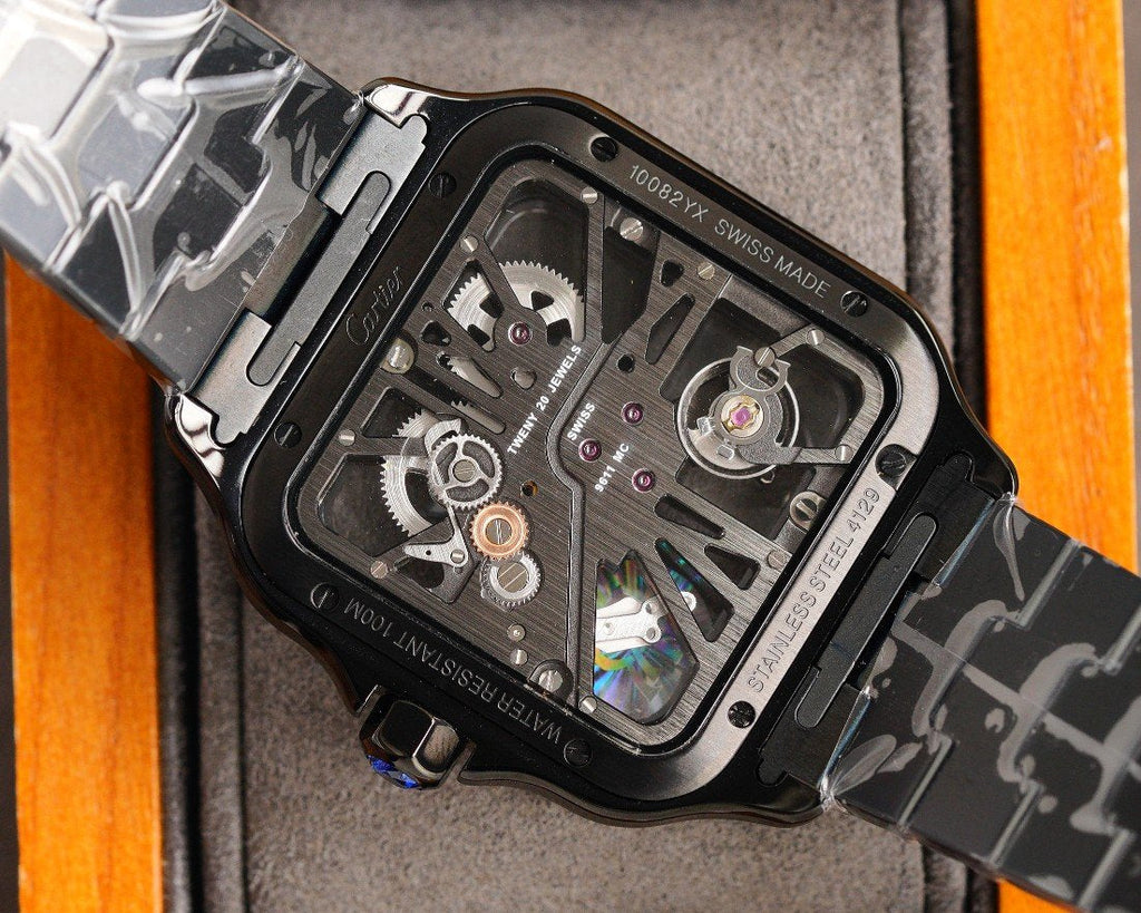 CARTIER SANTOS DE CARTIE STAINLES STEEL SKELETON DIAL ALL BLACK