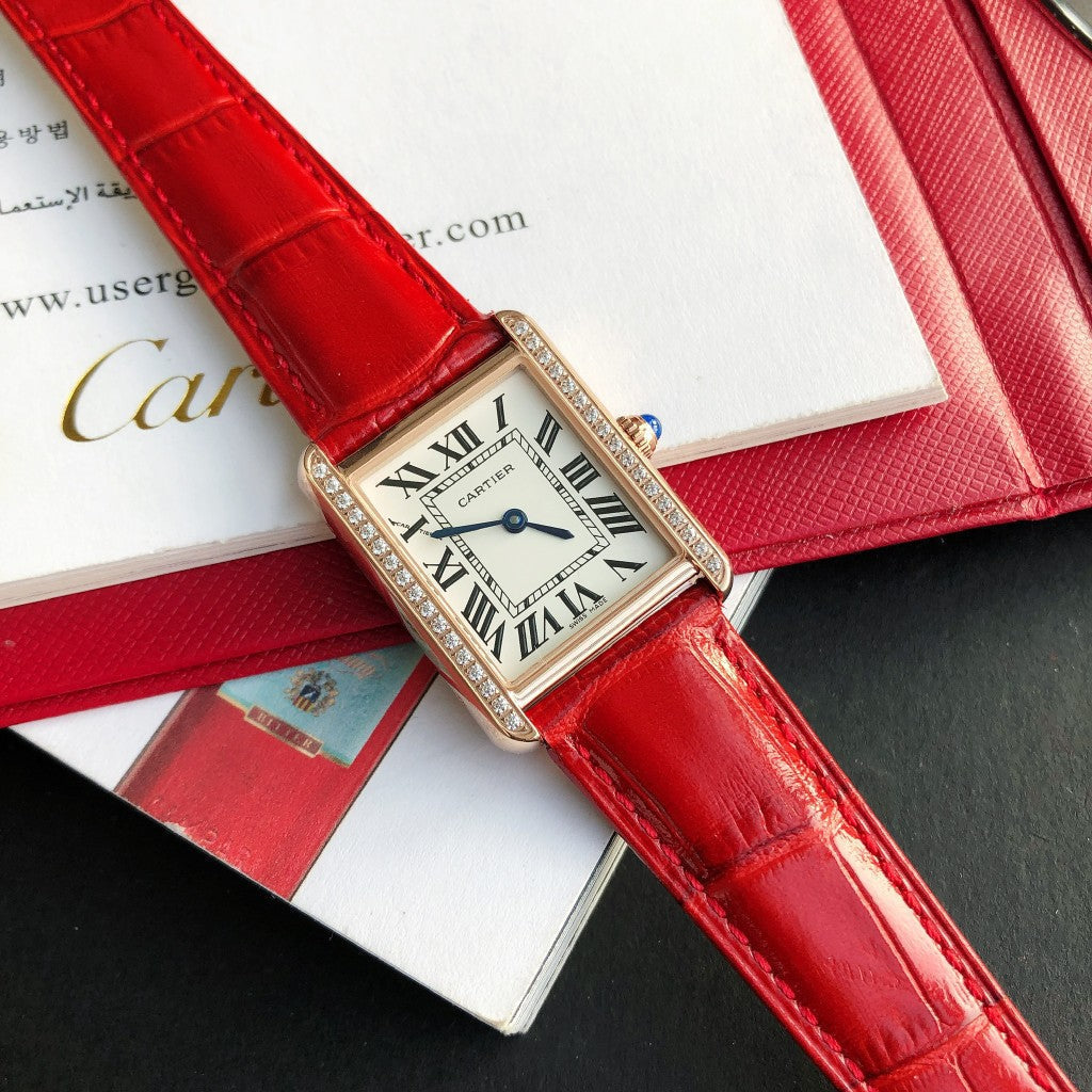 CARTIER TANK SOLO PINK GOLD DIAMOND BEZEL RED CROCODILE LEATHER