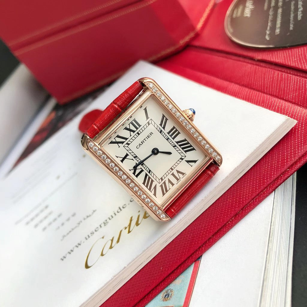 CARTIER TANK SOLO PINK GOLD DIAMOND BEZEL RED CROCODILE LEATHER