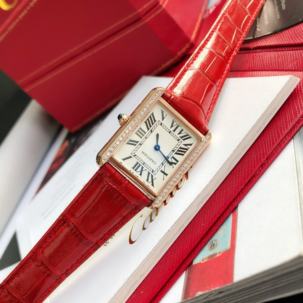 CARTIER TANK SOLO PINK GOLD DIAMOND BEZEL RED CROCODILE LEATHER