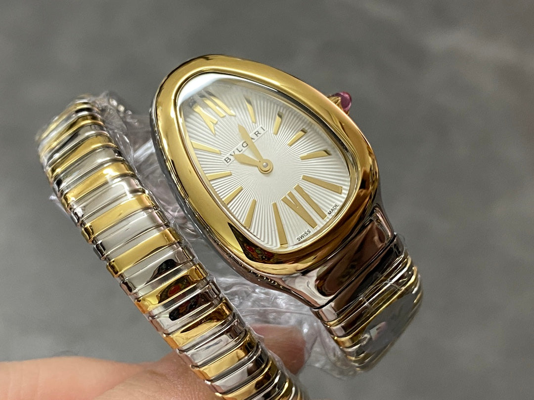BVLGARI SERPENTI SPIGA GOLD SILVER CERAMIC WHITE DIAL