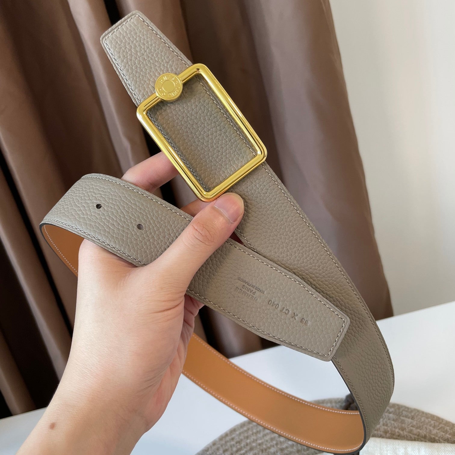 HERMES OSCAR BELT BUCKLE & REVERSIBLE KHAKI BROWN AND ORANGE LEATHER STRAP 38MM GOLD HARDWARE