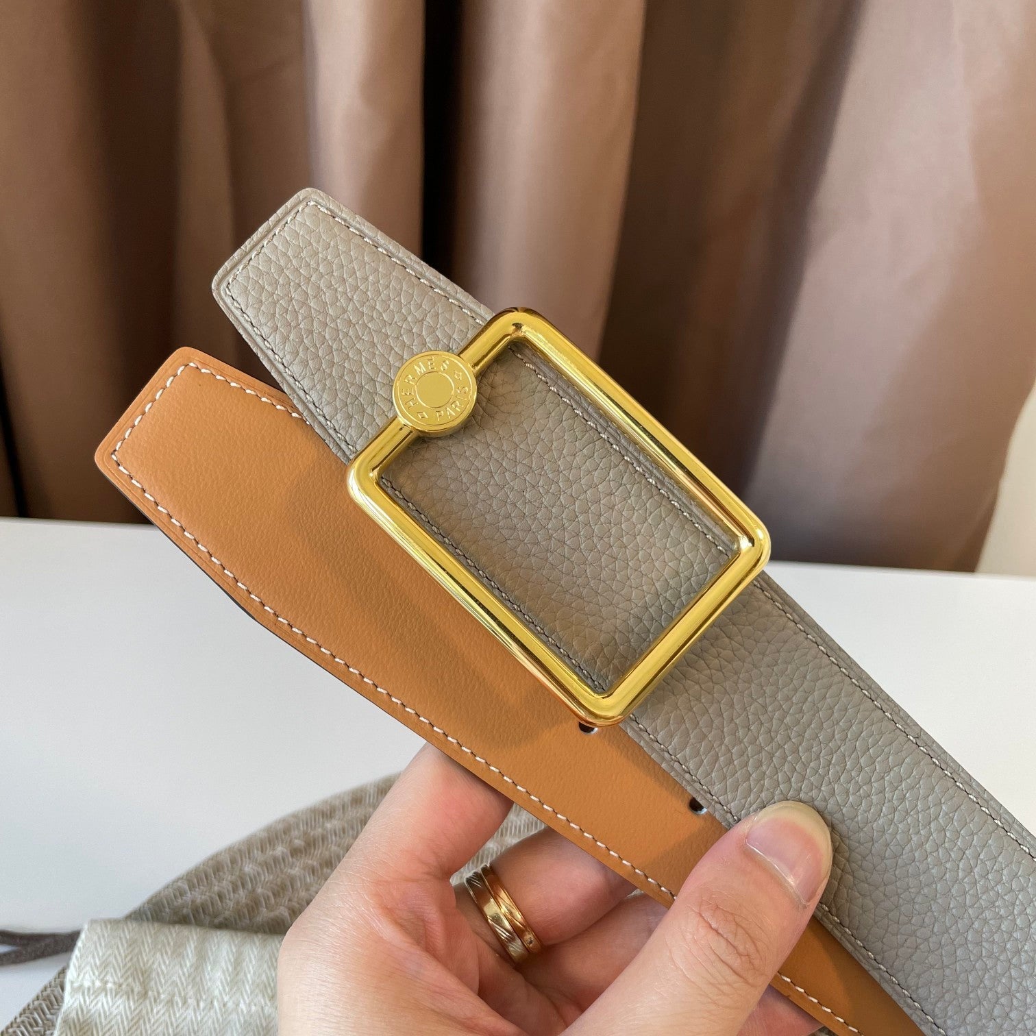 HERMES OSCAR BELT BUCKLE & REVERSIBLE KHAKI BROWN AND ORANGE LEATHER STRAP 38MM GOLD HARDWARE