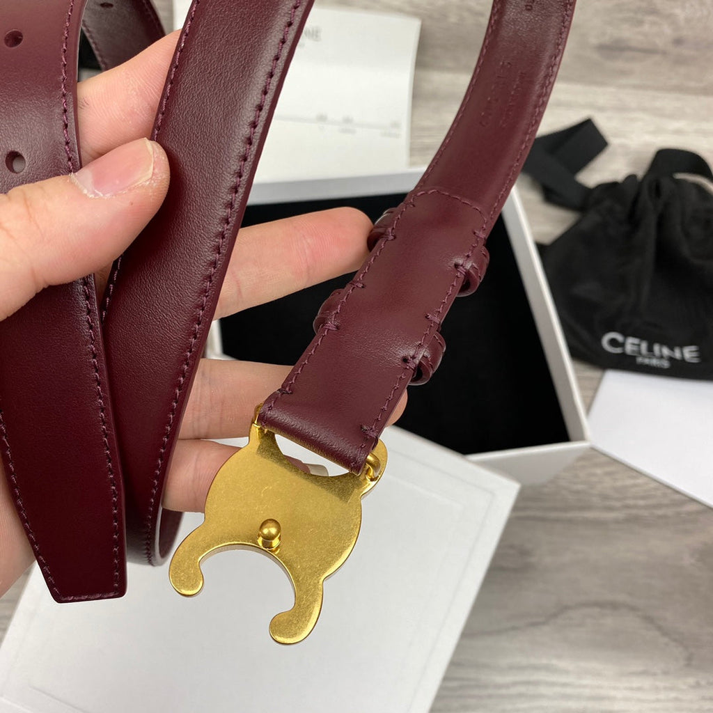 CELINE CL MEDIUM 25 MM TRIOMPHE BELT IN WINE RED LEATHER GOLD HARDWARE