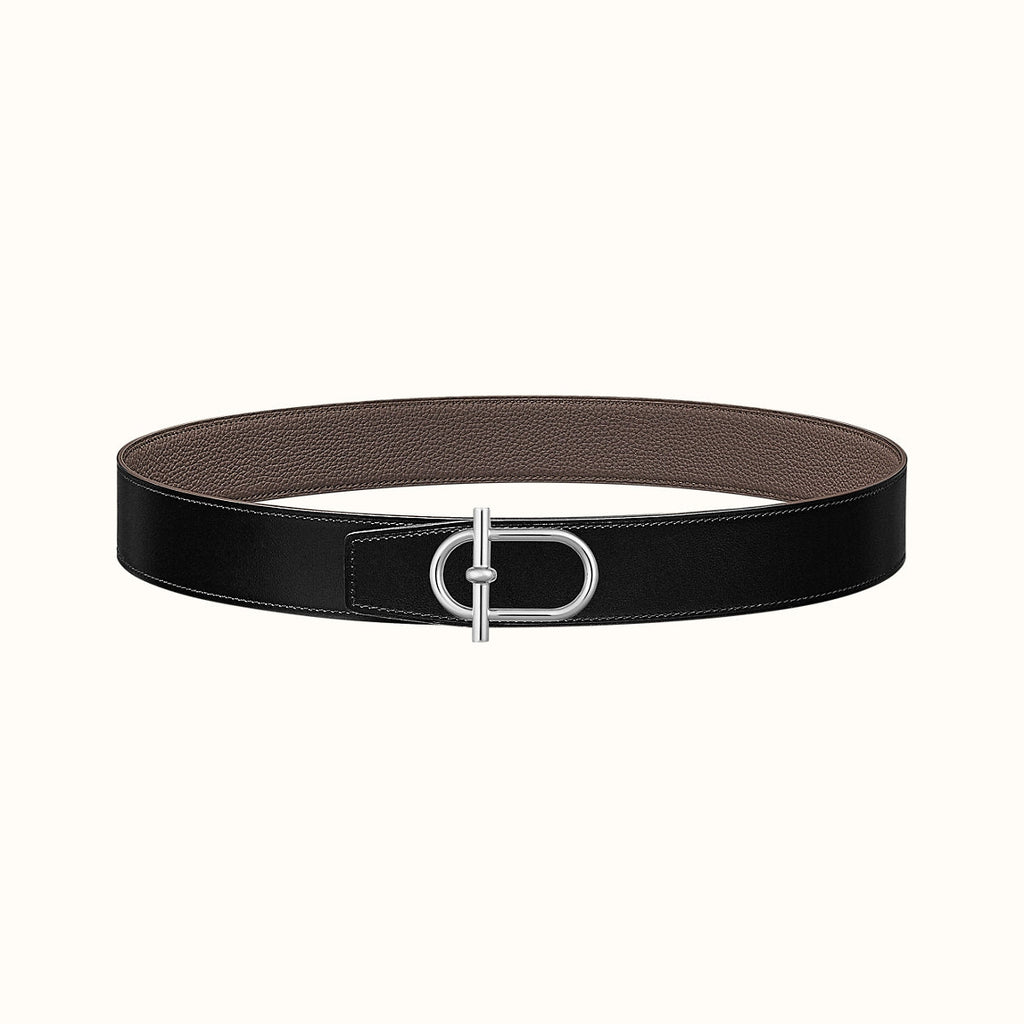 HERMES ITHAQUE BELT SILVER BUCKLE & REVERSIBLE CAMEL BROWN AND BLACK LEATHER STRAP 38MM