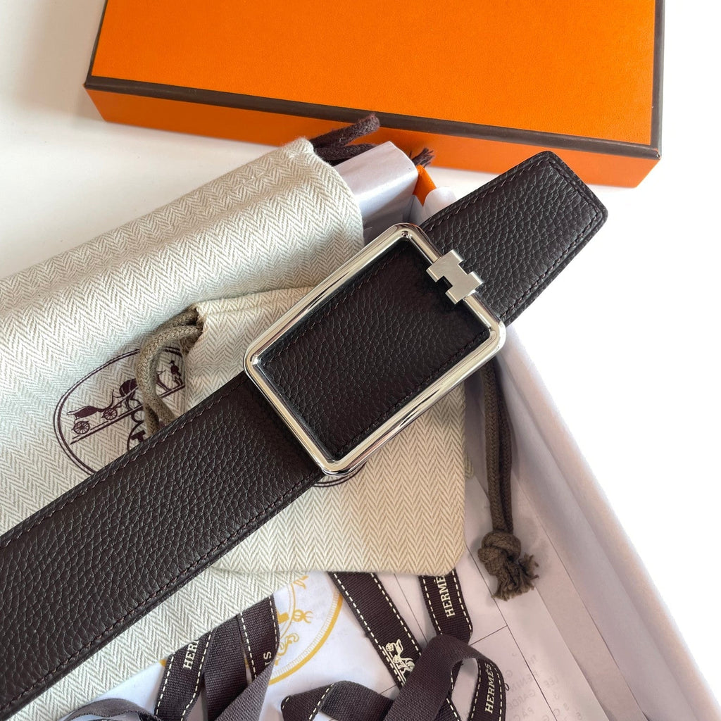 HERMES TUBE H BELT SILVER BUCKLE & REVERSIBLE DARK BROWN LEATHER STRAP 38MM