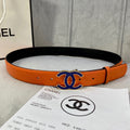 CHANEL 30MM BELT IN FIRE ORANGE GRAINED CALFSKIN WITH NAVY BLUE METAL LOGO