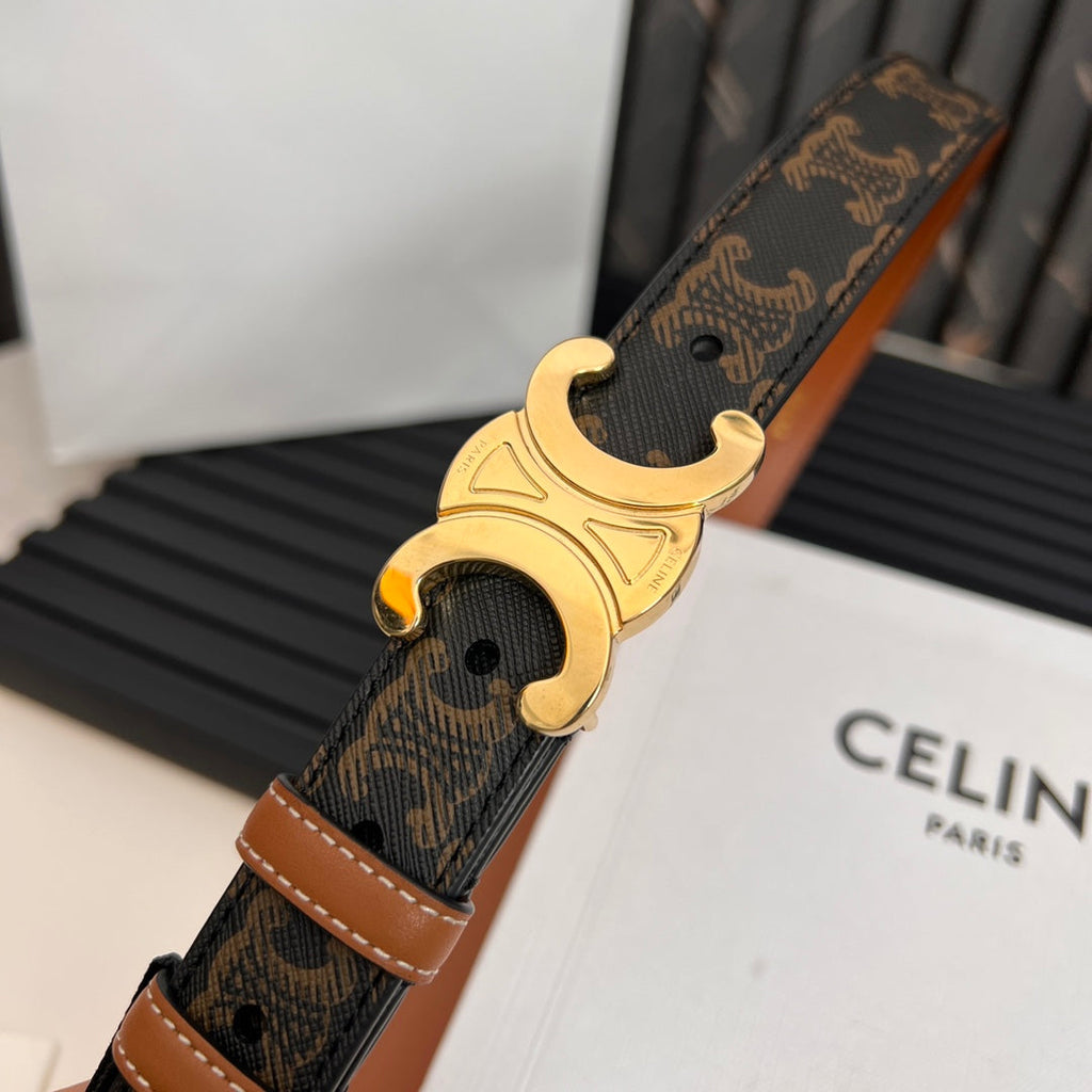 CELINE CL TRIOMPHE 25 MM BELT IN MONOGRAM BROWN CALFSKIN GOLD HARDWARE