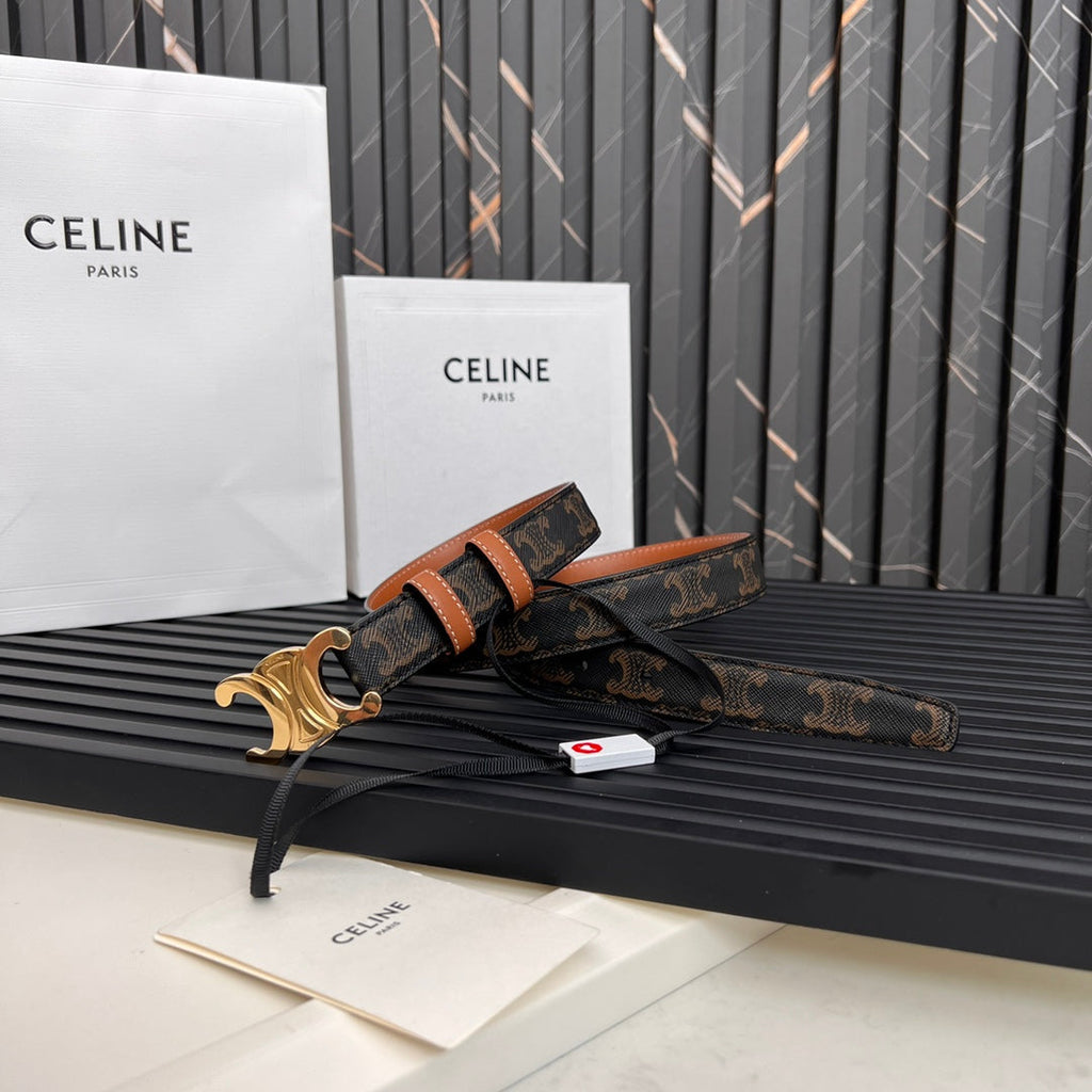 CELINE CL TRIOMPHE 25 MM BELT IN MONOGRAM BROWN CALFSKIN GOLD HARDWARE