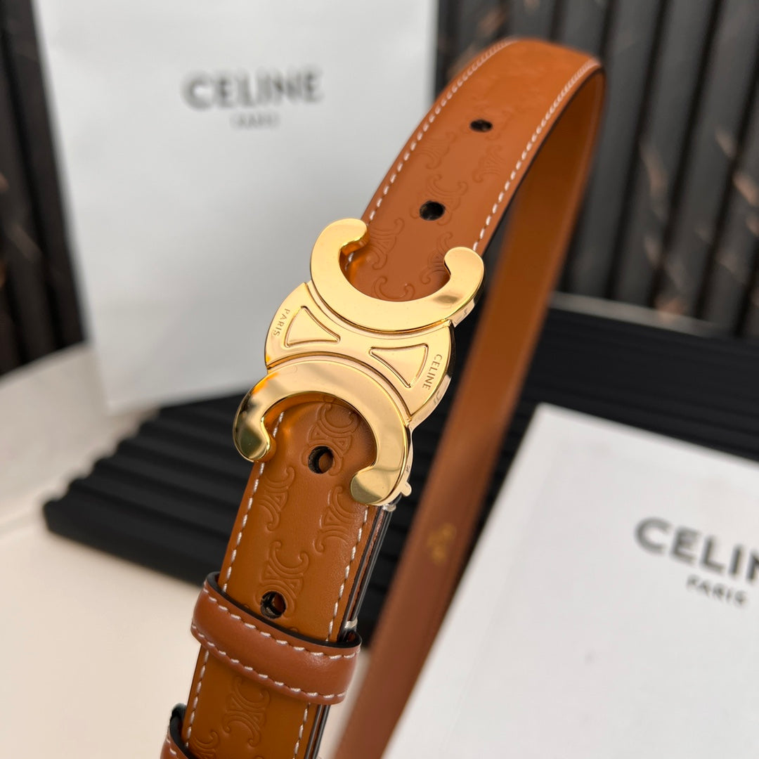 CELINE CL TRIOMPHE 25 MM BELT IN ORANGE CALFSKIN GOLD HARDWARE