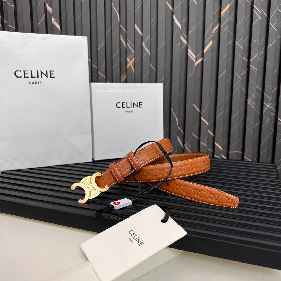 CELINE CL TRIOMPHE 25 MM BELT IN ORANGE CALFSKIN GOLD HARDWARE