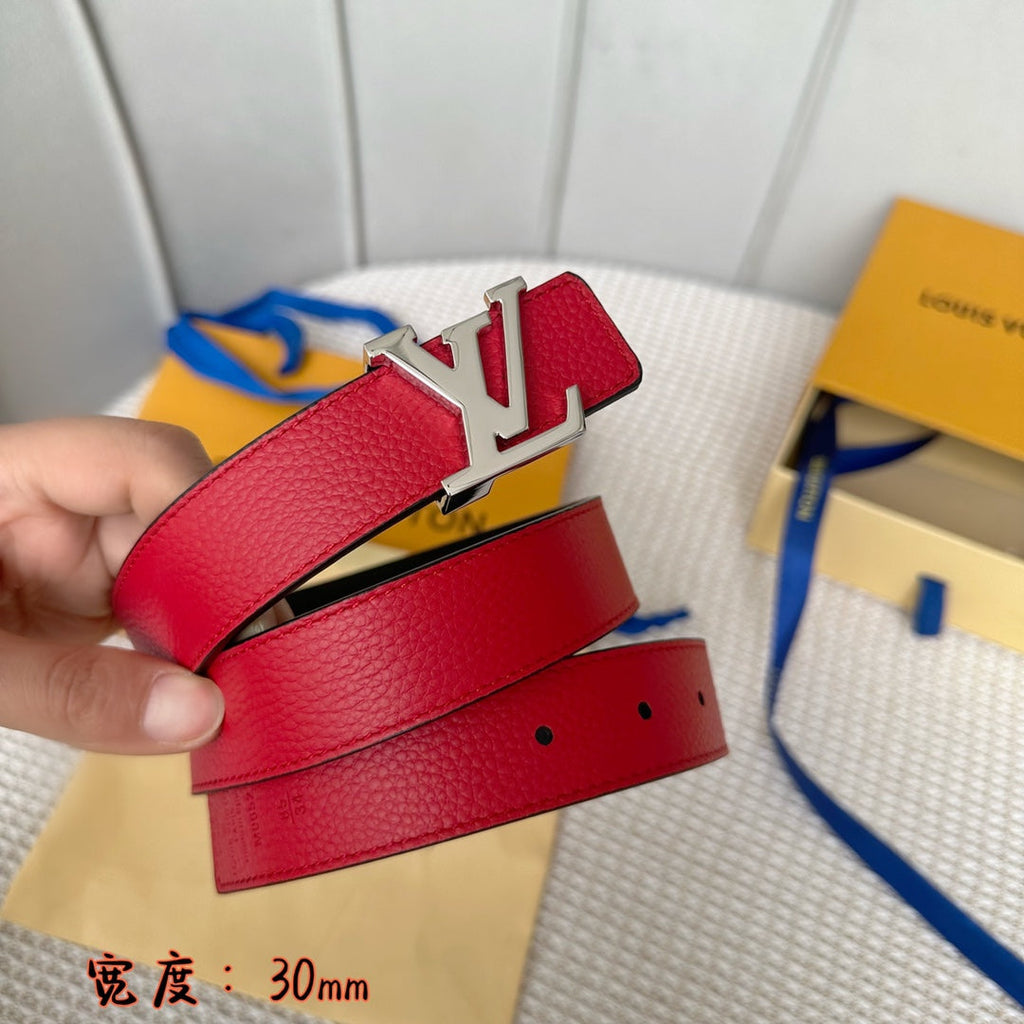 LOUIS VUITTON LV 30 MM BELTS IN BLACK AND CHERRY RED CALFSKIN SILVER HARDWARE