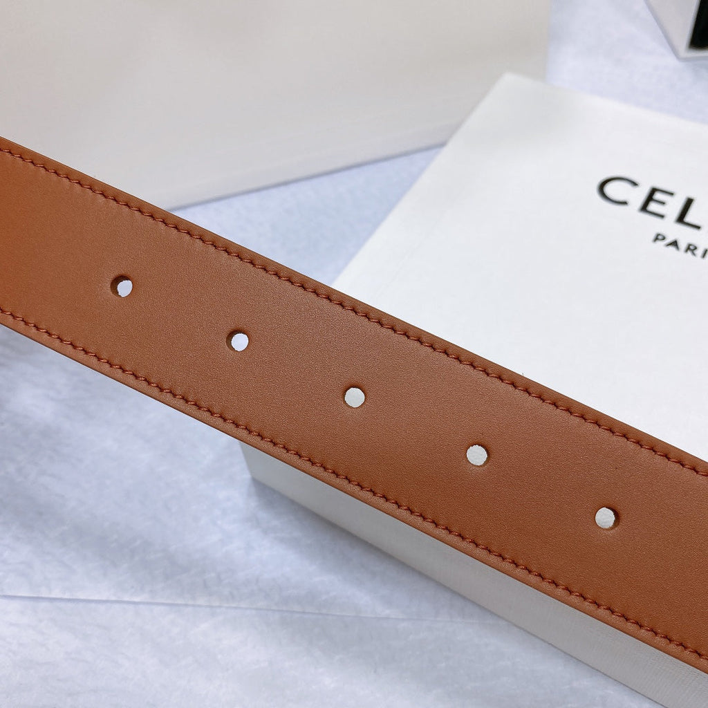 CELINE CL LARGE 35MM TWIN TRIOMPHE BELT IN BRONZE BROWN CALFSKIN GOLD HARDWARE