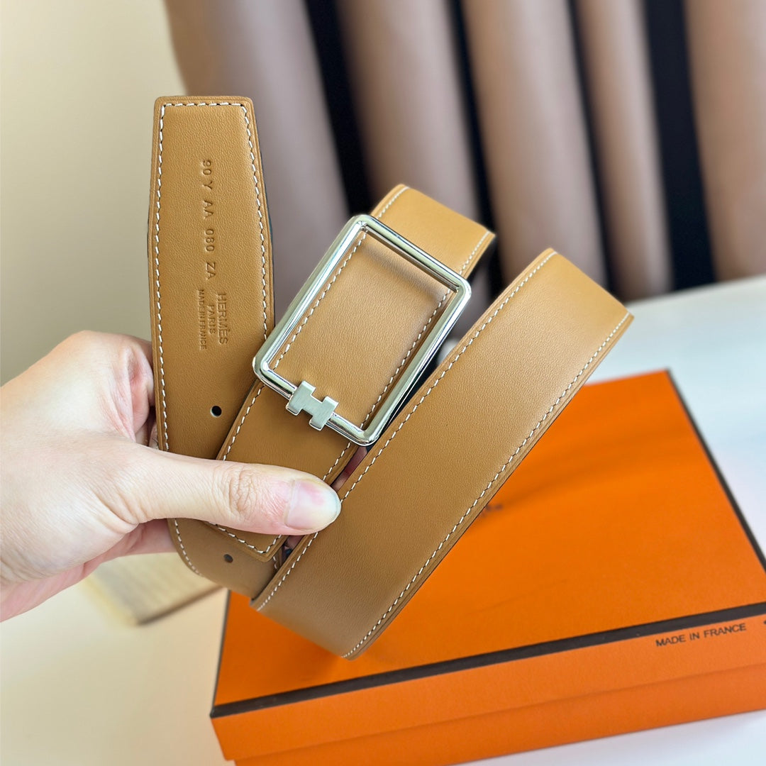 HERMES TUBE H BELT BUCKLE & REVERSIBLE PASTEL ORANGE AND BLACK LEATHER STRAP 38MM SILVER HARDWARE