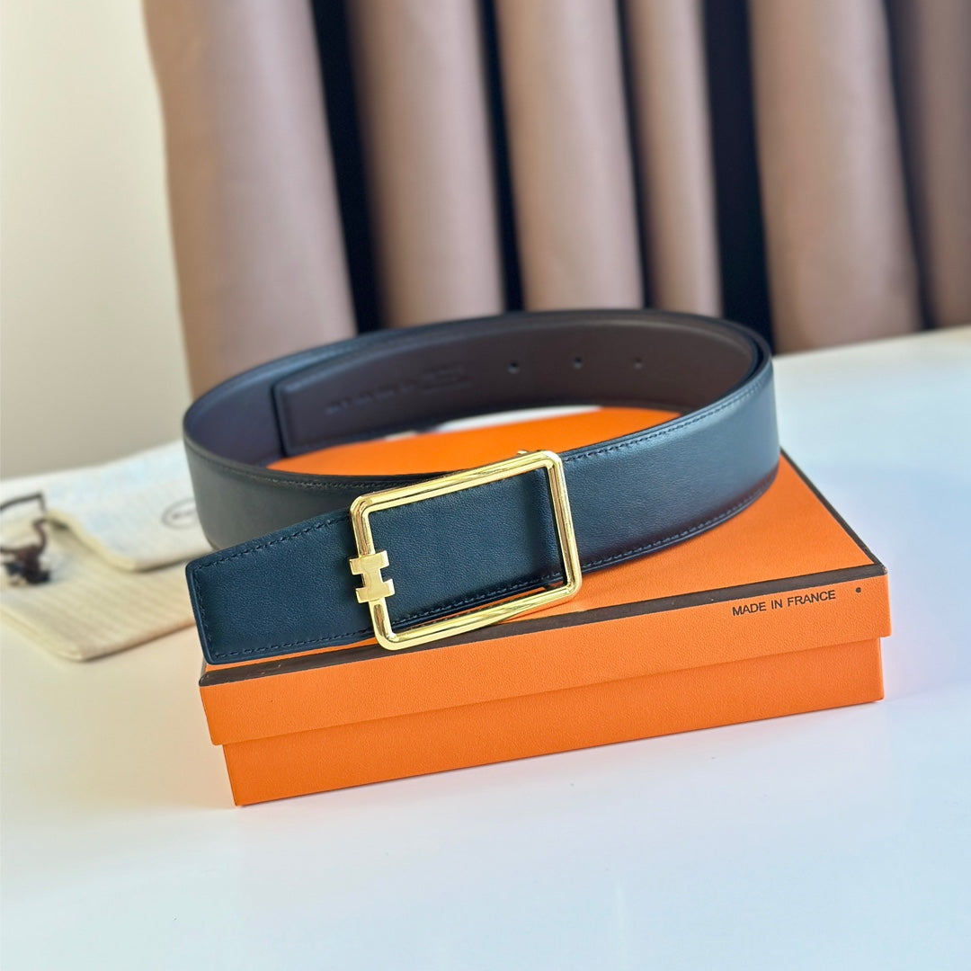 HERMES TUBE H BELT BUCKLE & REVERSIBLE BLACK LEATHER STRAP 38MM GOLD HARDWARE