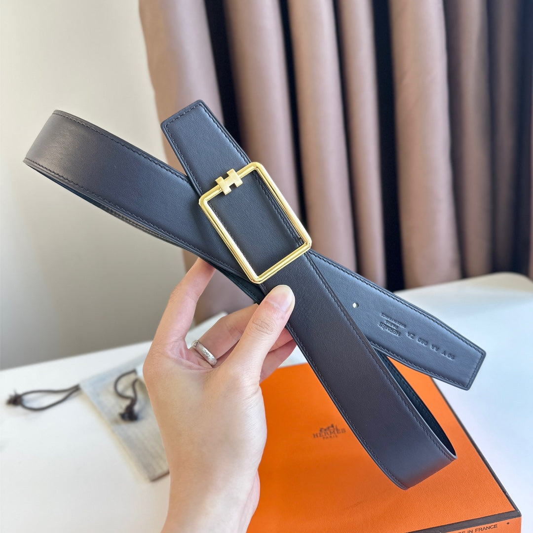 HERMES TUBE H BELT BUCKLE & REVERSIBLE BLACK LEATHER STRAP 38MM GOLD HARDWARE