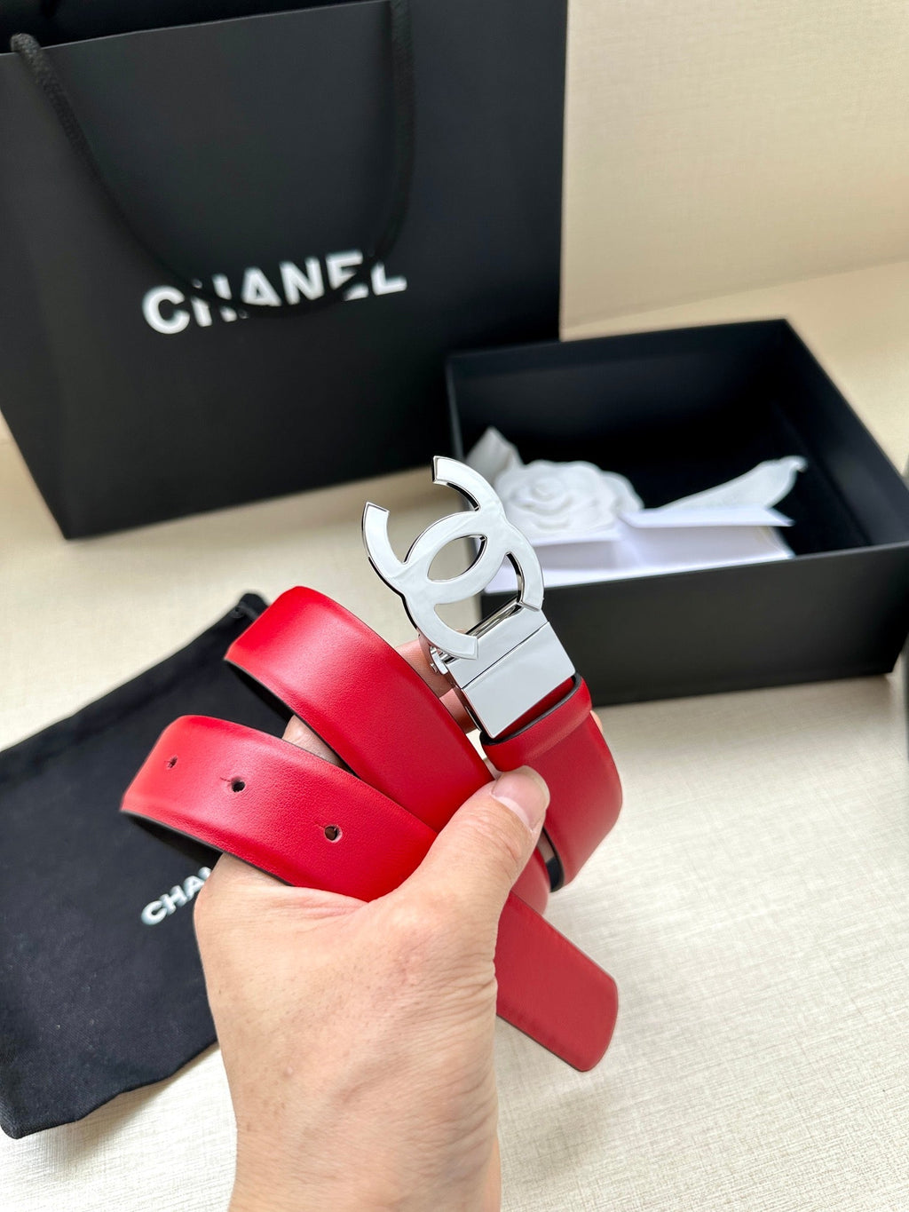 CHANEL 30MM BELT IN CHERRY RED AND BLACK CALFSKIN WITH SILVER HARDWARE