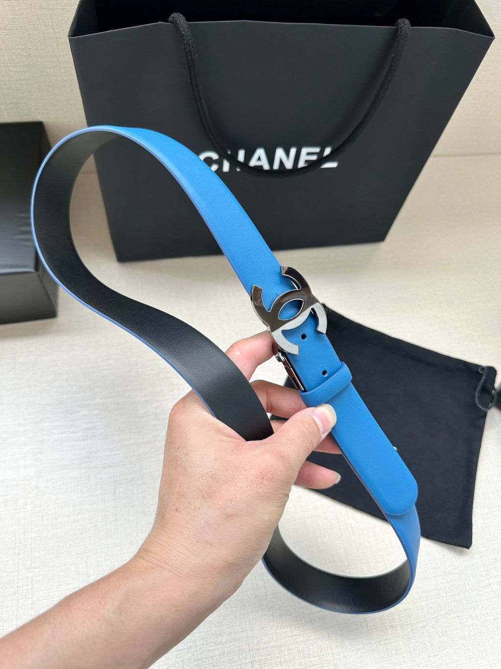CHANEL 30MM BELT IN BLUE AND BLACK CALFSKIN WITH SILVER HARDWARE