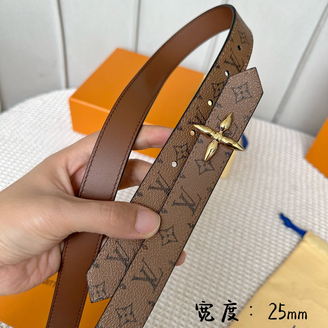 LOUIS VUITTON LV FLOWERGRAM 25 MM REVERSIBLE BELT IN BROWN MONOGRAM CALFSKIN GOLD HARDWARE