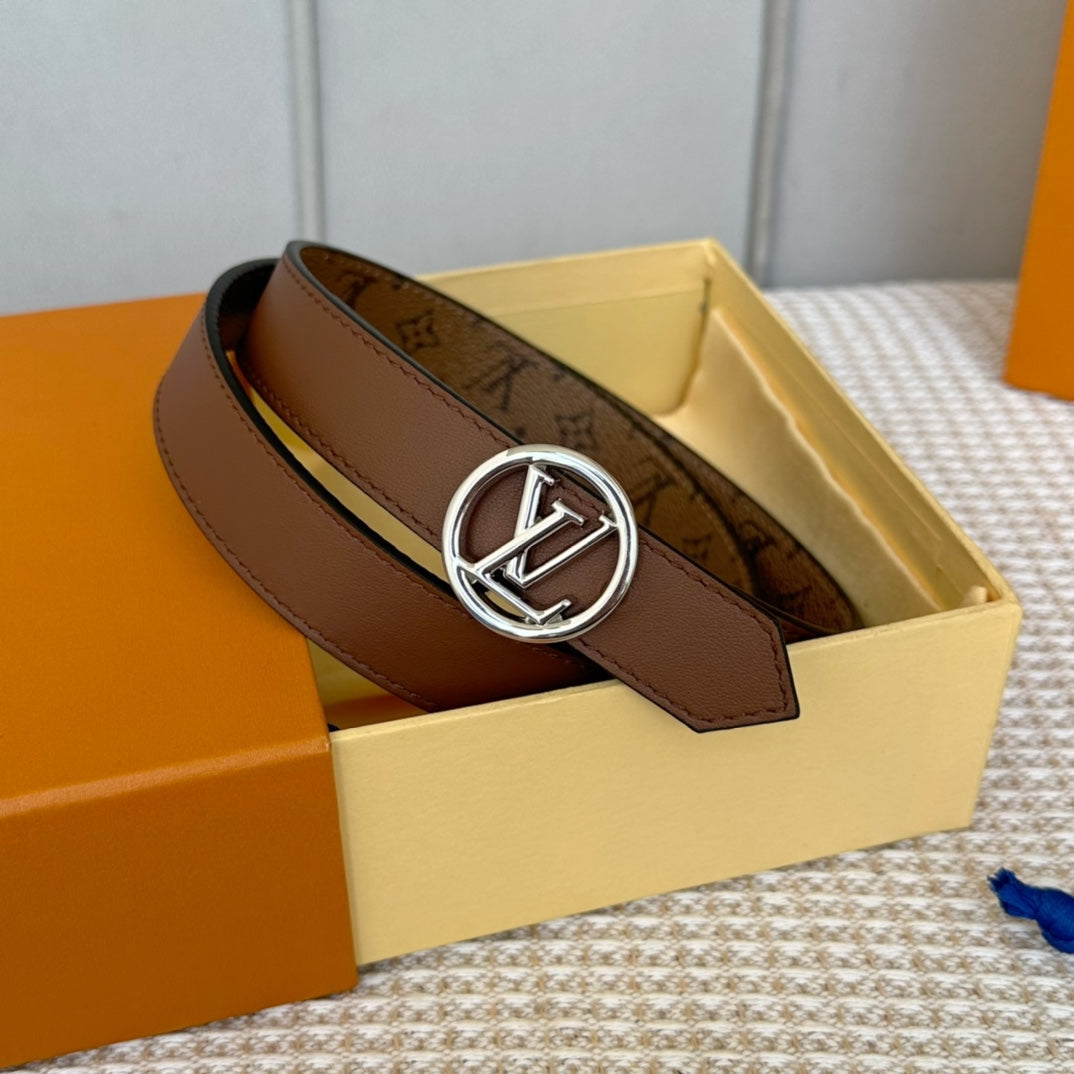 LOUIS VUITTON LV CIRCLE 25MM REVERSIBLE BELT MEDIUM BROWN MONOGRAM CALFSKIN SILVER HARDWARE