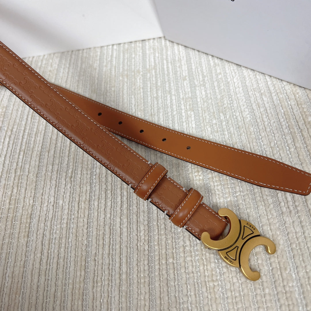 CELINE Medium Triomphe Belt 25mm Tan Calfskin White Line Finishing Gold Finishing