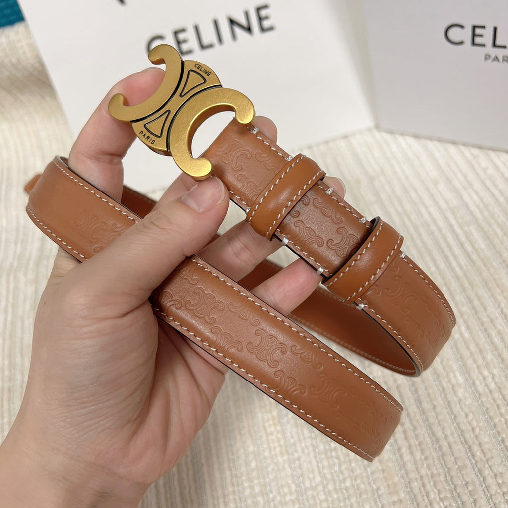 CELINE Medium Triomphe Belt 25mm Tan Calfskin White Line Finishing Gold Finishing