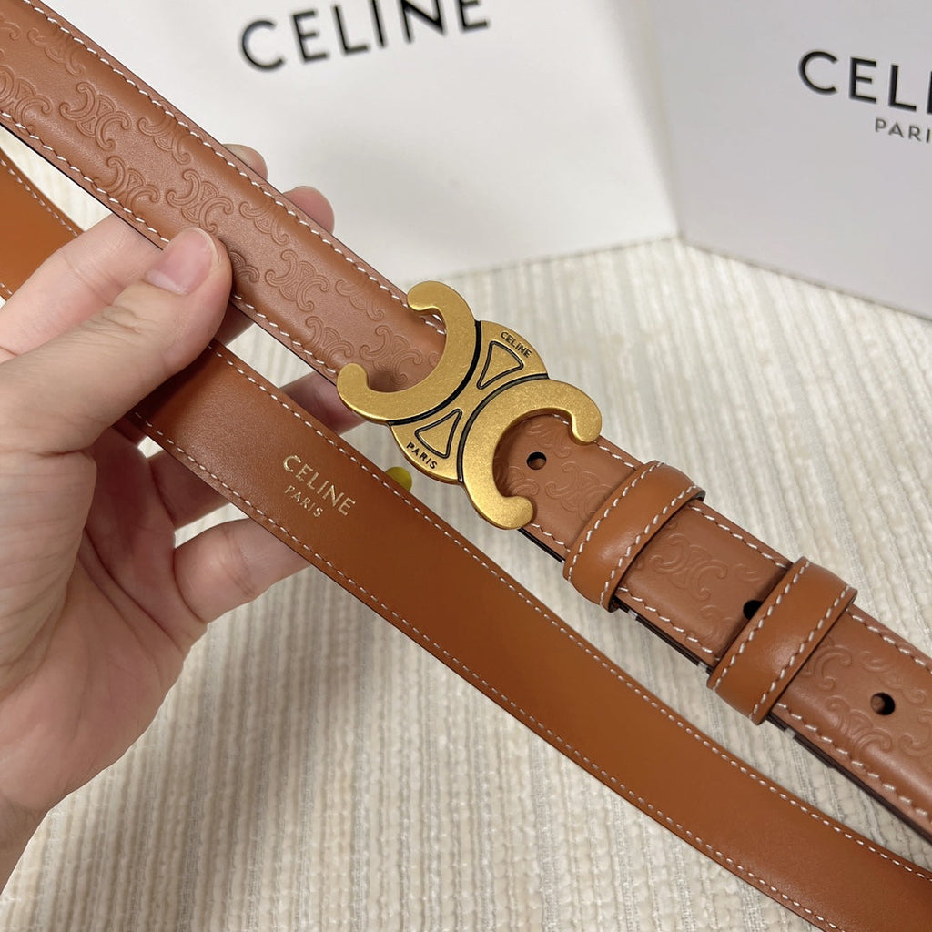 CELINE Medium Triomphe Belt 25mm Tan Calfskin White Line Finishing Gold Finishing