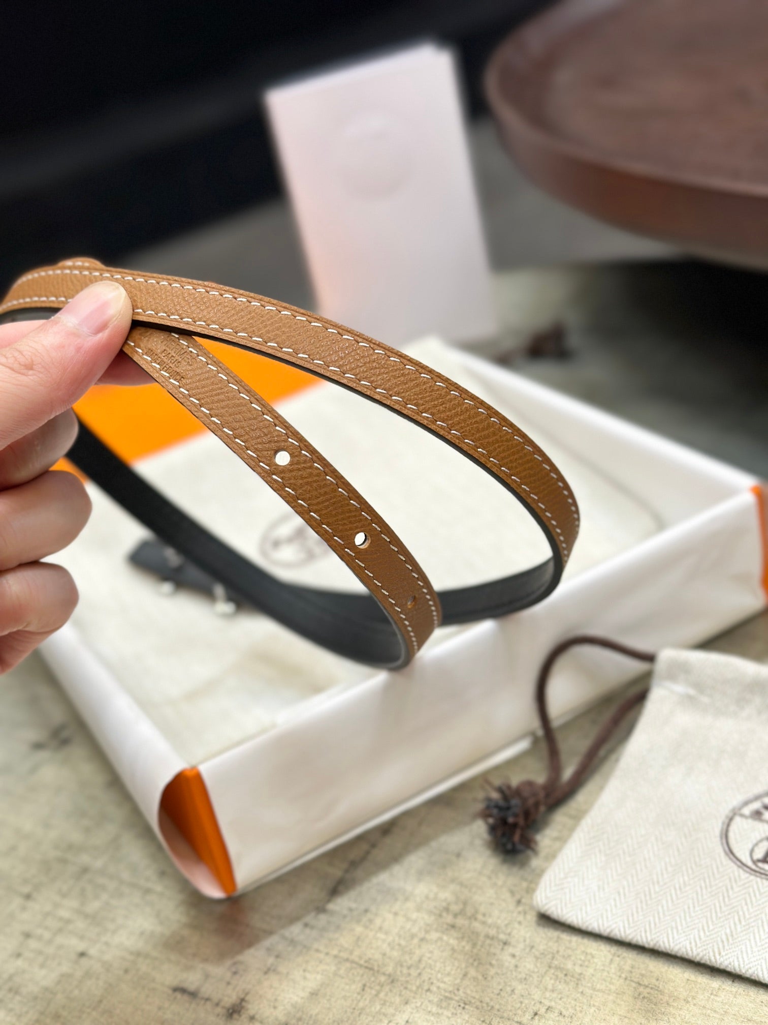HERMES FOCUS BUCKLE & REVERSIBLE TAWNY BROWN AND BLACK LEATHER STRAP 13MM SILVER HARDWARE