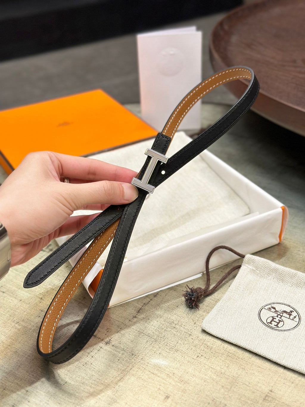 HERMES FOCUS BUCKLE & REVERSIBLE TAWNY BROWN AND BLACK LEATHER STRAP 13MM SILVER HARDWARE