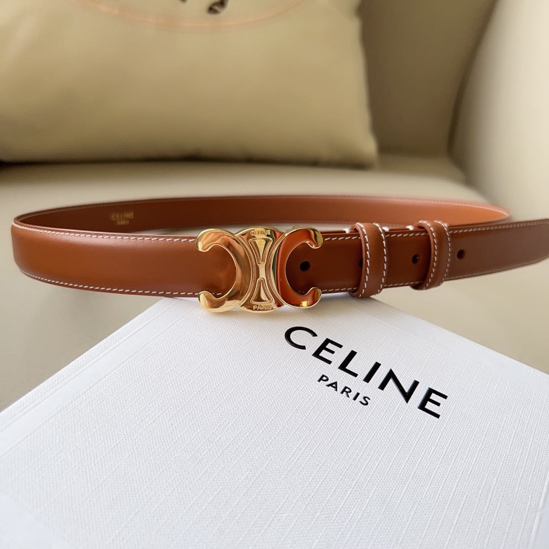 CELINE Medium Triomphe Belt 25mm Tan Calfskin White Line Finishing Ghw