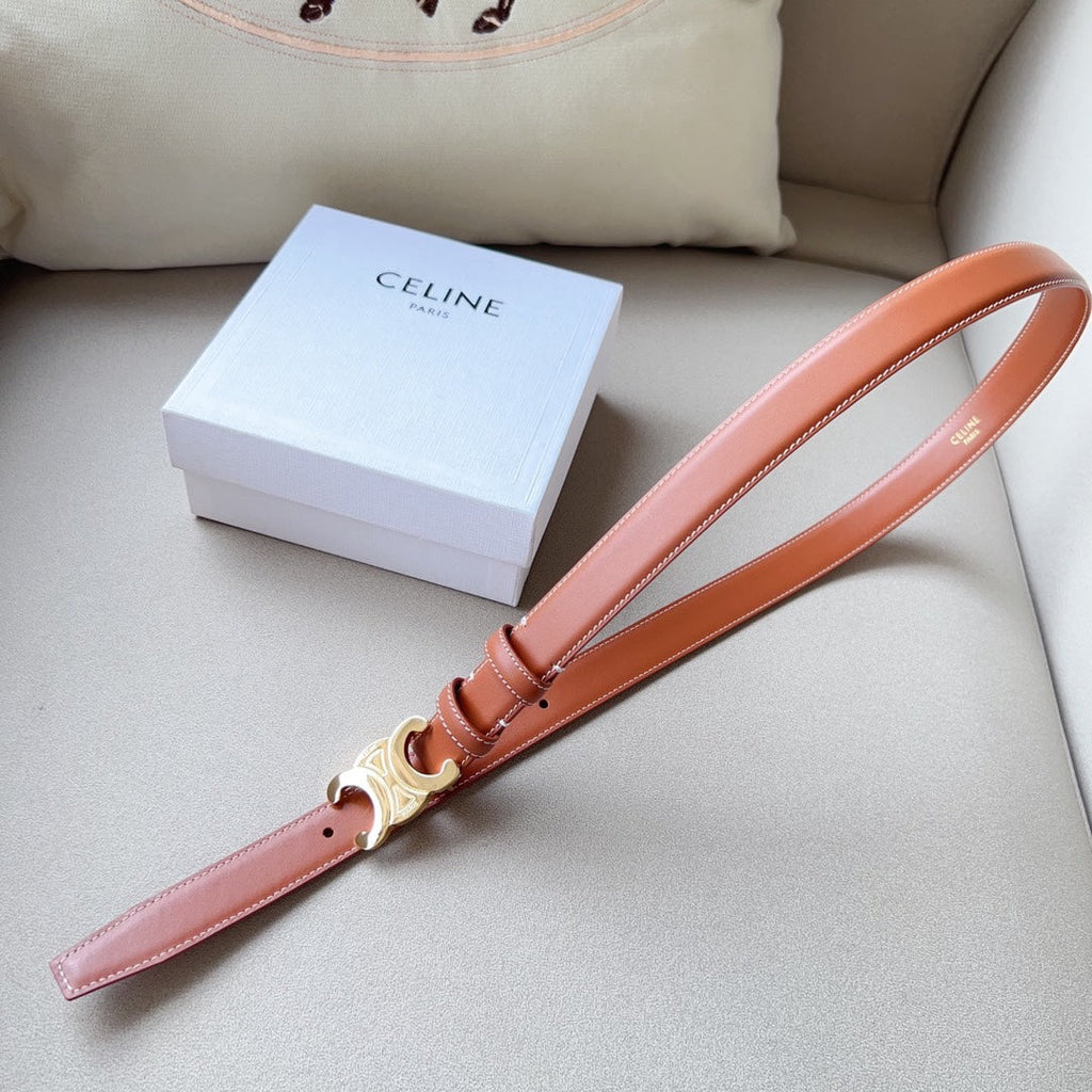 CELINE Medium Triomphe Belt 25mm Tan Calfskin White Line Finishing Ghw