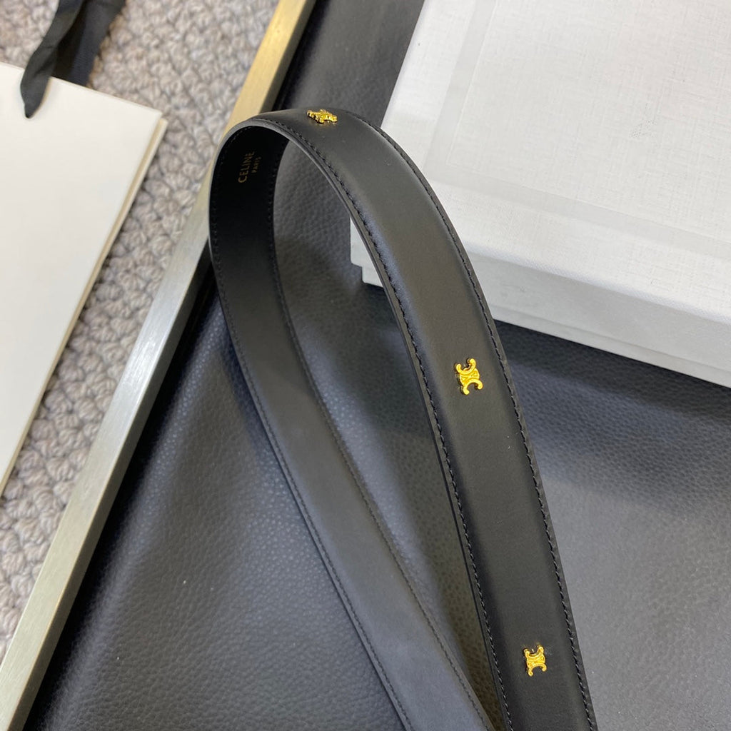 CELINE TRIOMPHE BELT 25MM IN BLACK CALFSKIN SILVER BUCKLE GOLD LOGO
