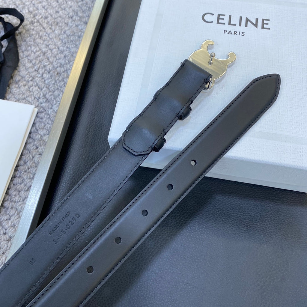 CELINE TRIOMPHE BELT 25MM IN BLACK CALFSKIN SILVER BUCKLE GOLD LOGO