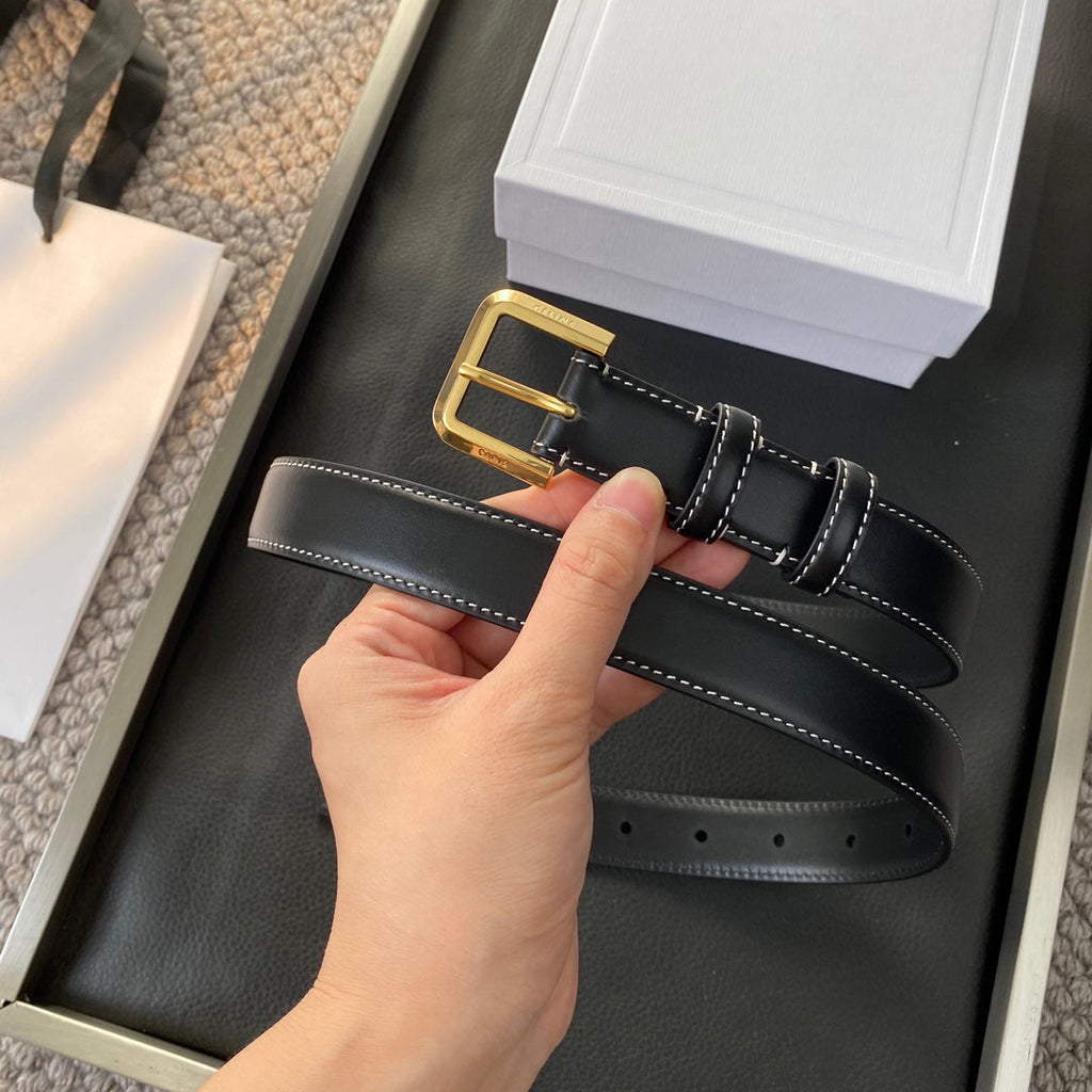 CELINE BELT 25MM IN BLACK REVERSIBLE ITALIAN CALFSKIN WITH VINTAGE GOLD BUCKLE WHITE STITCHING