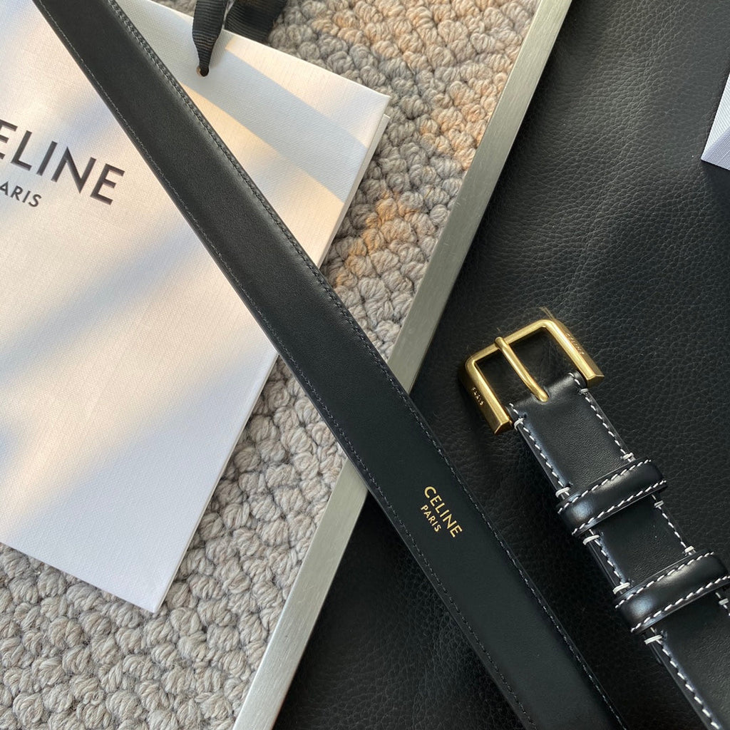 CELINE BELT 25MM IN BLACK REVERSIBLE ITALIAN CALFSKIN WITH VINTAGE GOLD BUCKLE WHITE STITCHING