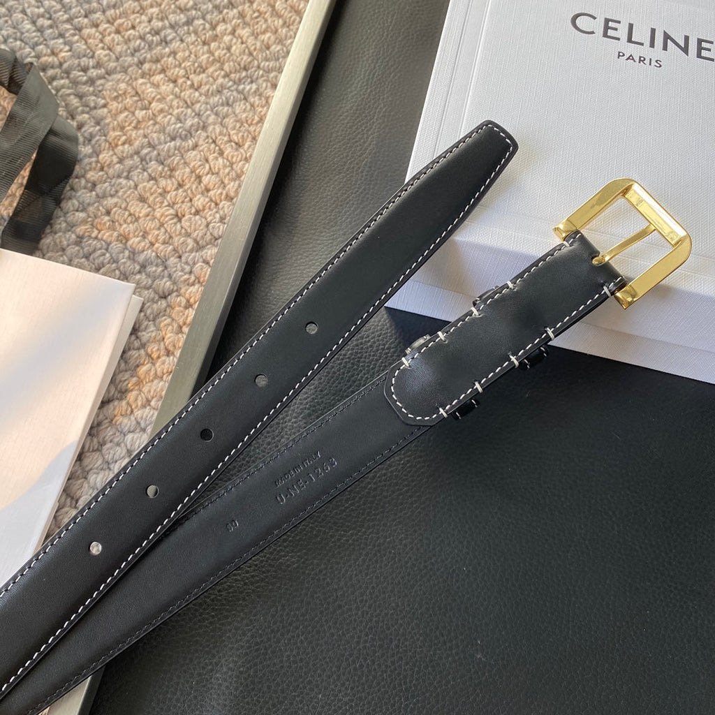 CELINE BELT 25MM IN BLACK REVERSIBLE ITALIAN CALFSKIN WITH VINTAGE GOLD BUCKLE WHITE STITCHING