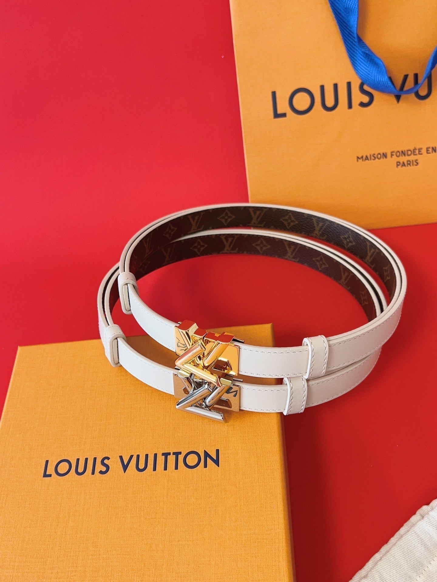LOUIS VUITTON LV GO-14 20MM BELT IN WHITE CALFSKIN GOLD HARDWARE
