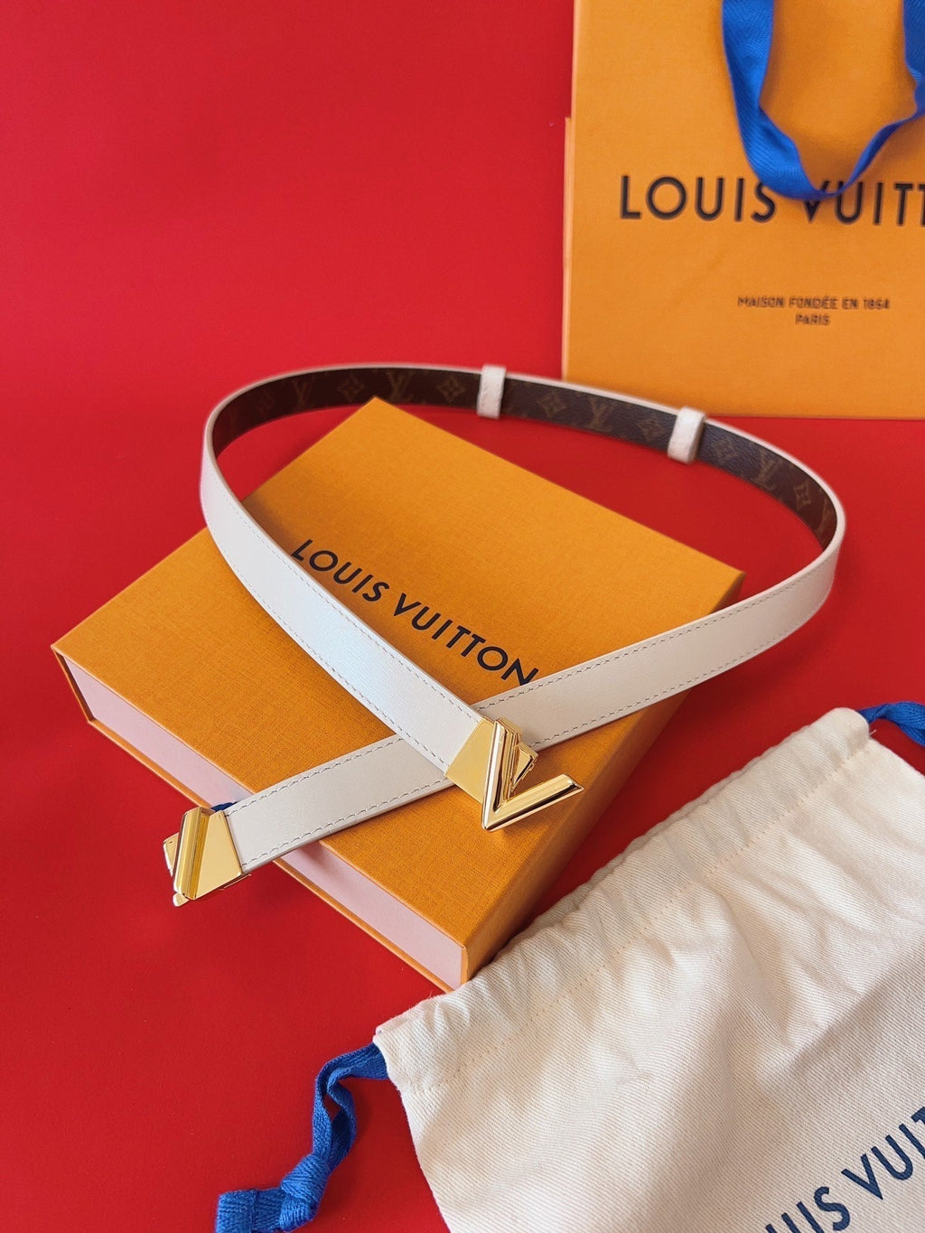 LOUIS VUITTON LV GO-14 20MM BELT IN WHITE CALFSKIN GOLD HARDWARE