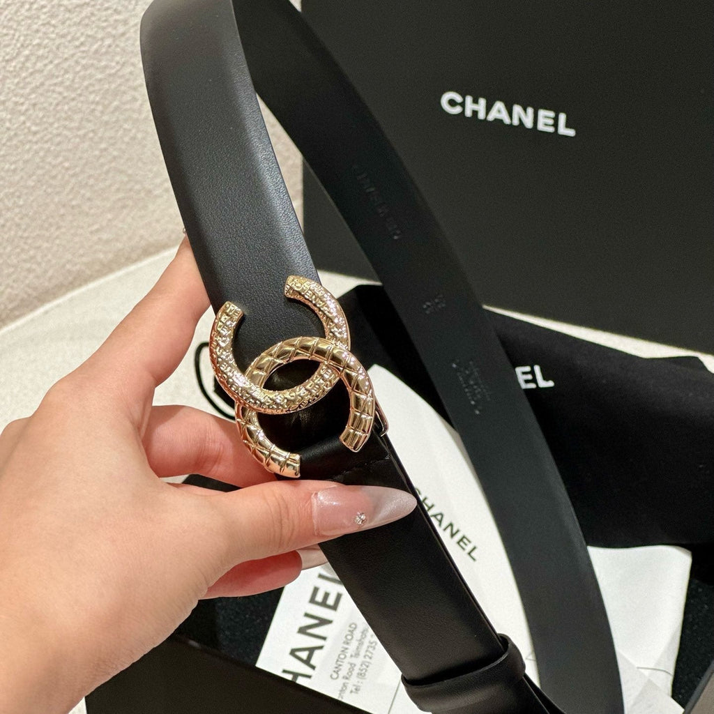 CHANEL DOUBLE C BELT 30MM IN BLACK CALFSKIN WITH GOLD HARDWARE AND CARO STITCHING