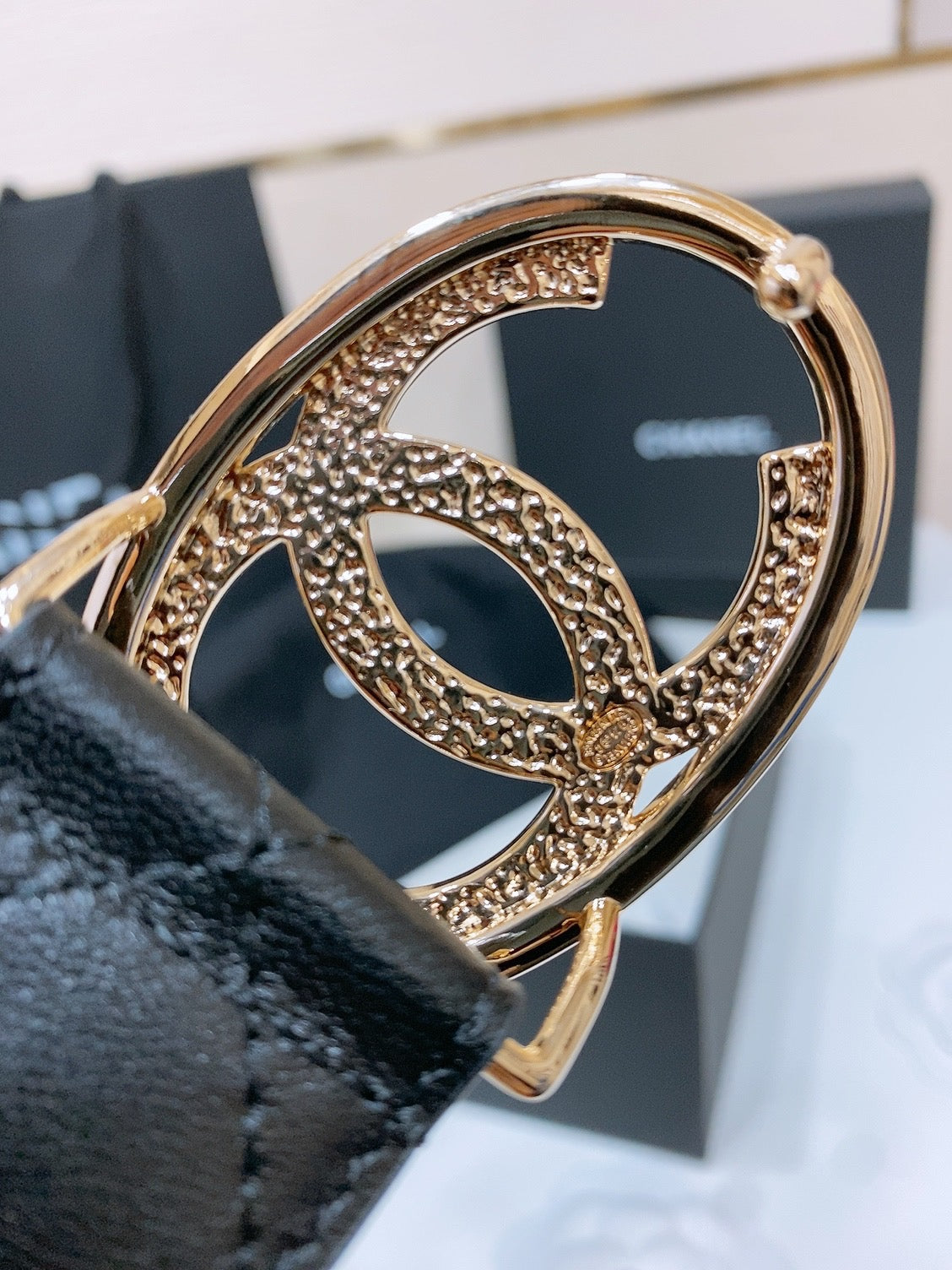 CHANEL DOUBLE C BELT 38MM IN BLACK QUILTED LAMBSKIN GOLD OVAL BUCKLE CENTERED BLACK LOGO