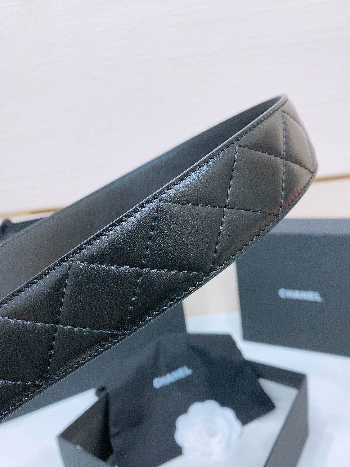 CHANEL DOUBLE C BELT 38MM IN BLACK QUILTED LAMBSKIN GOLD OVAL BUCKLE CENTERED BLACK LOGO