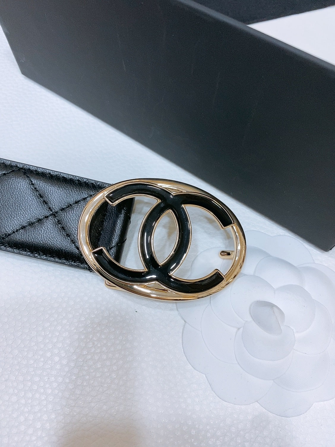CHANEL DOUBLE C BELT 38MM IN BLACK QUILTED LAMBSKIN GOLD OVAL BUCKLE CENTERED BLACK LOGO