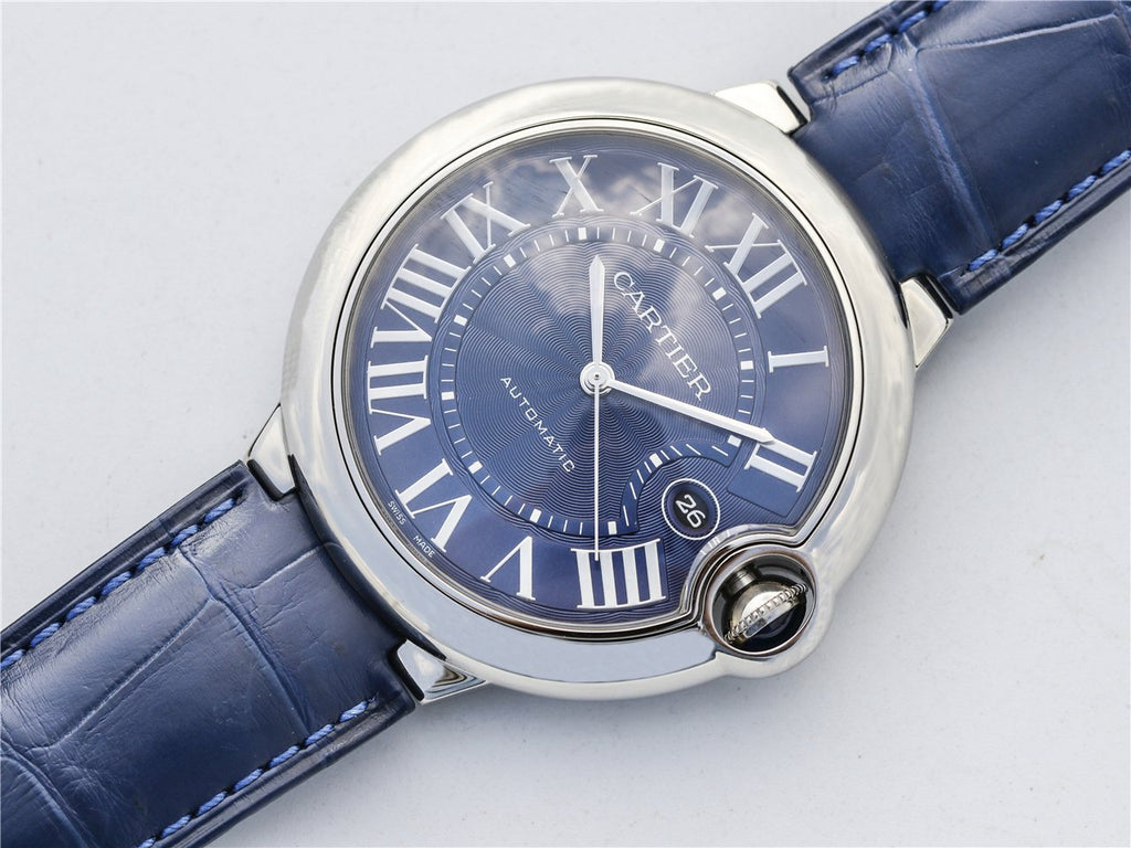 CARTIER BALLON BLEU 42 BLUE DIAL LEATHER BRACELET